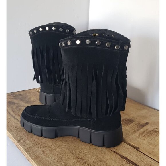NWT Geox Ghoula Suede Fringe Studded Mid-Calf Chunky Lug Sole Winter Boots 38 - Picture 3 of 13